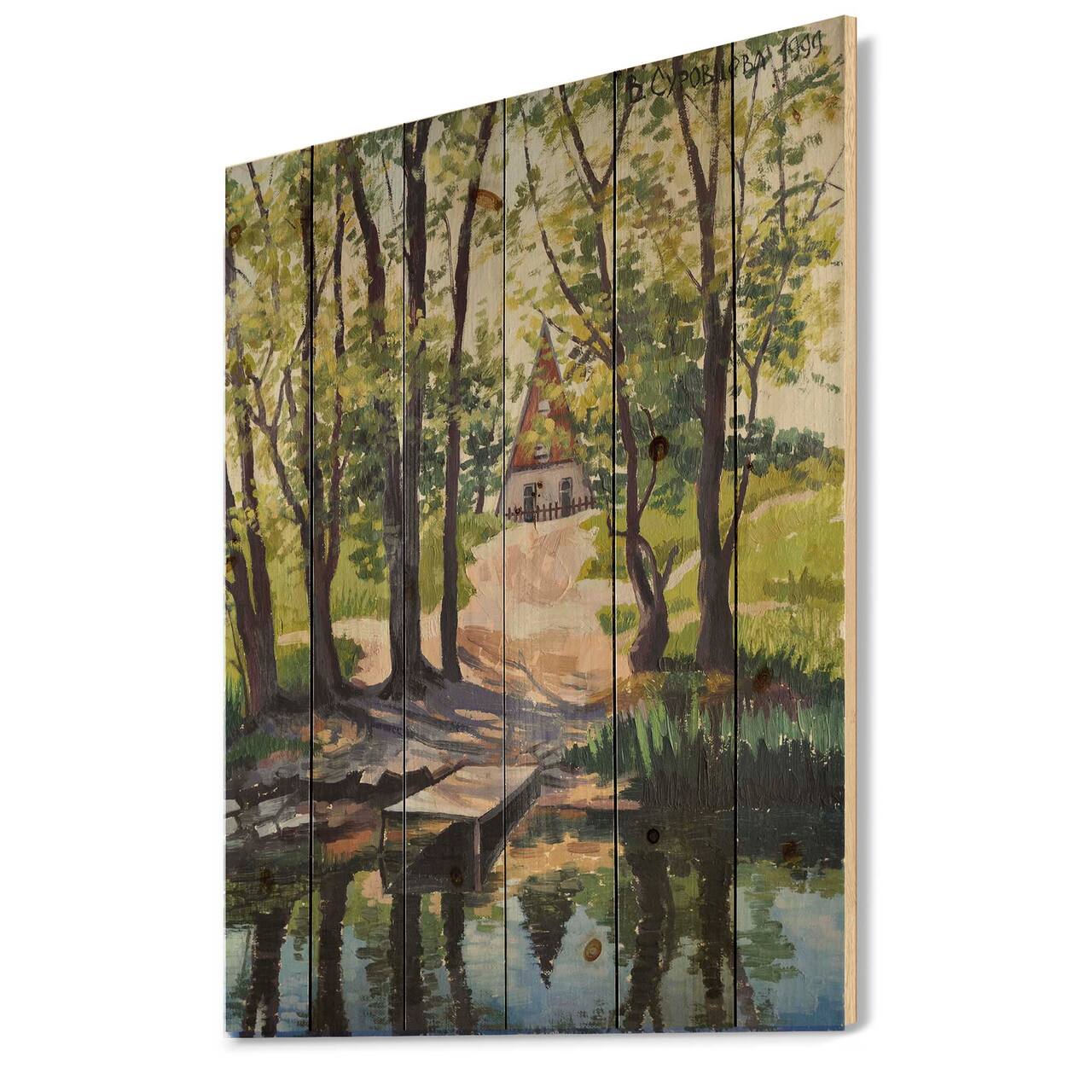 Designart - Mysterious House By The River In The Woods - Lake House Print on Natural Pine Wood